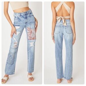 KanCan Light Blue Straight Leg Jeans with Patchwork